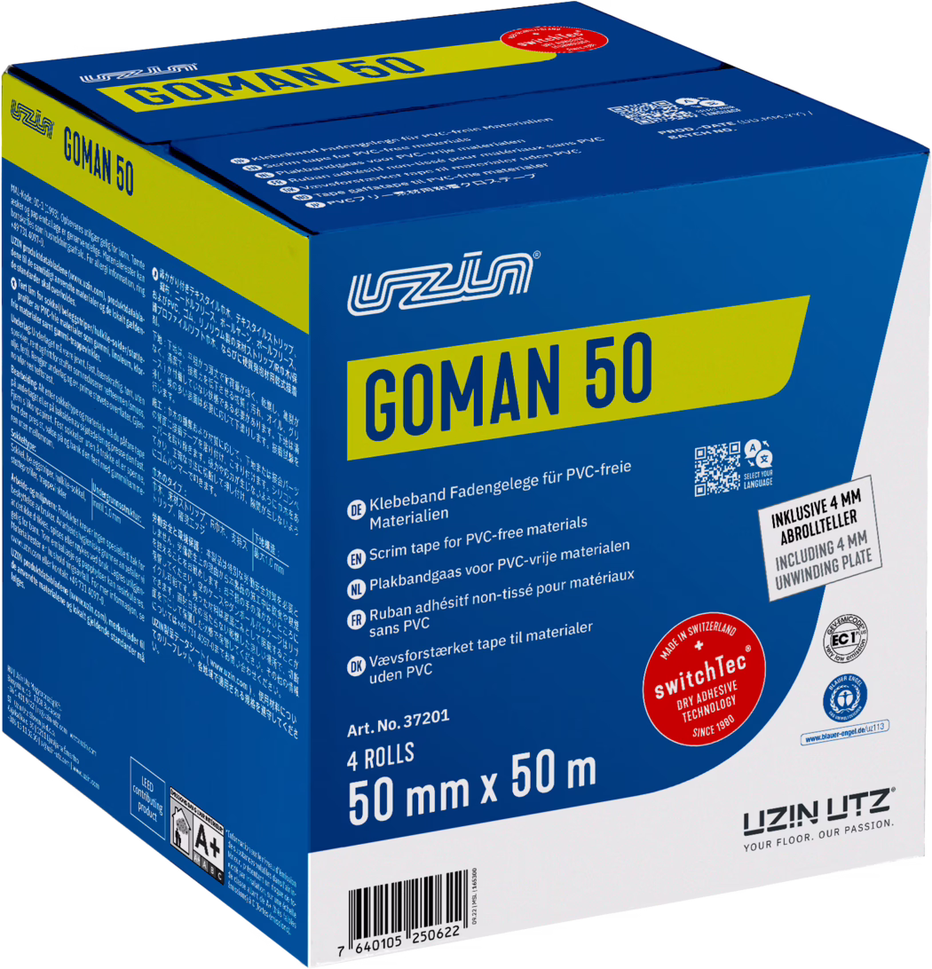 UZIN_Dummy_Goman 50-carton_2024-02 Photograph of a blue and yellow cardboard box for UZIN GOMAN 50 scrim tape. The front shows the UZIN logo, the product name 'GOMAN 50' on a yellow band, and product details such as '4 rolls', '50 mm x 50 m', and article number 37201. Multilingual notes indicate the tape is for PVC-free materials. Visible additional markings include a QR code, a red round 'switchTec – Made in Switzerland' seal, a label 'including 4 mm unwinding plate', dense technical text on the side panels and a barcode on the bottom. The box is photographed at a slight angle so two side faces with small print are visible. Dominant colors are deep blue, yellow and white; the packaging is sturdy, glossy cardboard with clear printed graphics.