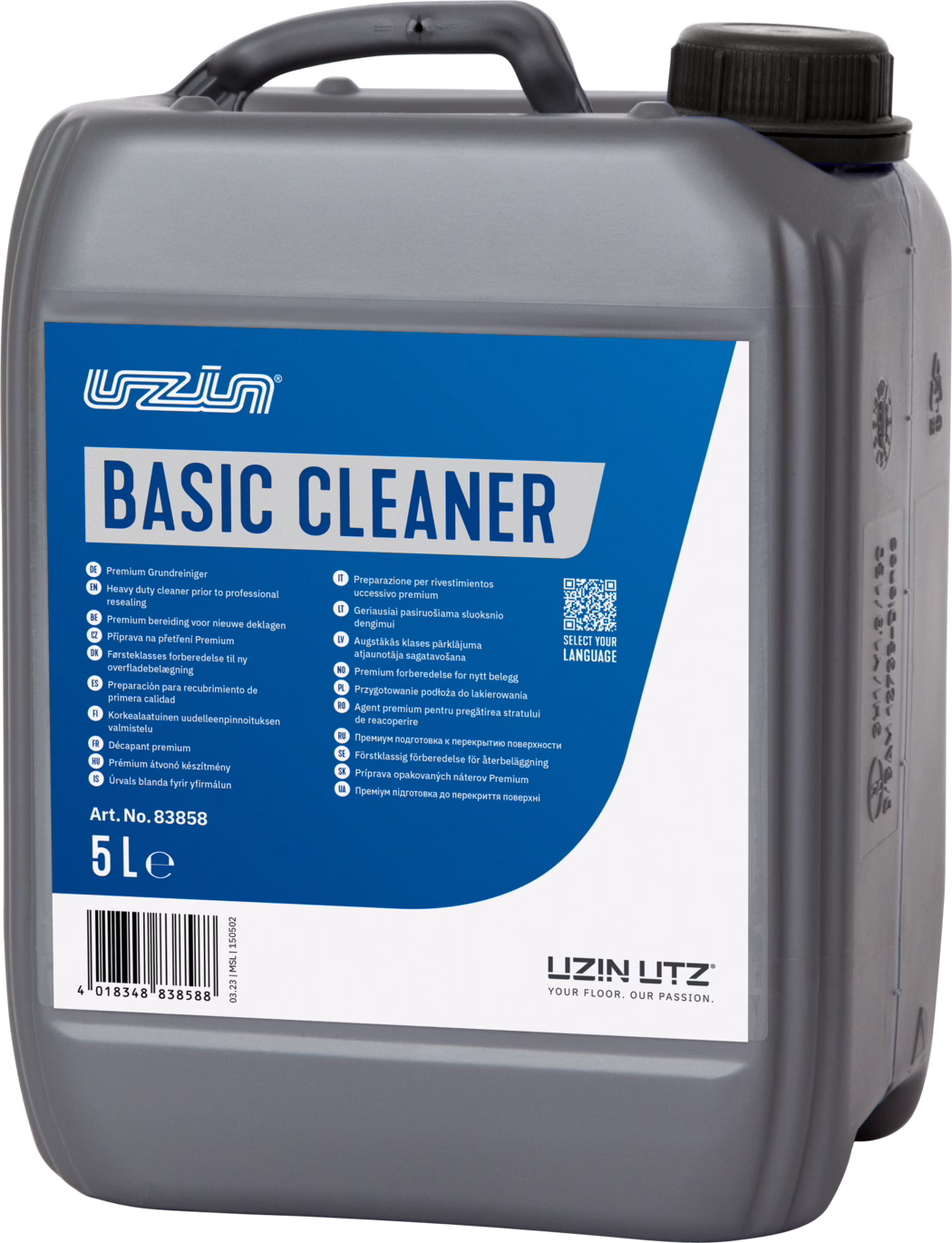 UZIN_Dummy_Basic Cleaner-5l_2023-12 Nærbillede af en grå 5‑liters plasticdunk med en blå‑hvid etiket med teksten "BASIC CLEANER". Øverst er et integreret håndtag og en sort skruelåg. Etiketten indeholder flersproget produktinformation, en QR‑kode, artikelnummer (Art. No. 83858) og en stregkode; nederst ses mærkelogoet "UZIN UTZ". Plastoverfladen viser formede detaljer og målemærker. Billedet er godt oplyst på en lys baggrund og viser fronten og højre side af beholderen.