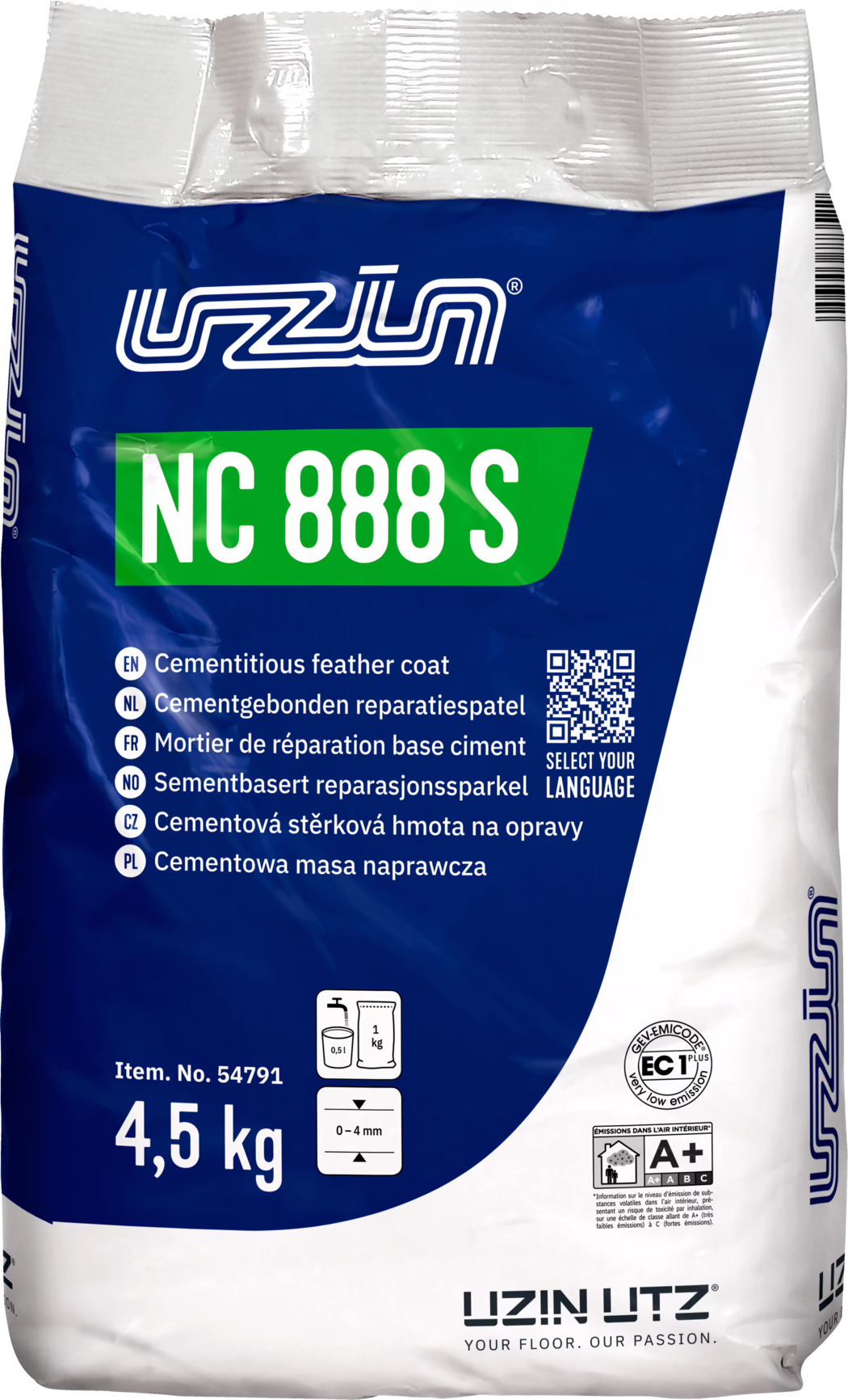 UZIN_Dummy_NC 888 S-4,5kg_INT_2025-09 Foto af en 4,5 kg sæk UZIN NC 888 S, et cementbaseret reparations- og udjævningsprodukt (cementitious feather coat). Emballagen er blå og hvid med et grønt NC 888 S-label og UZIN-logoet øverst. Teksten omfatter produktnavn, flersprogede beskrivelser, QR-kode 'Select your language', varenr. 54791, blandingsikon (cirka 0,5 l vand pr. 1 kg), anbefalet påførings‑tykkelse 0–4 mm, EC1 Plus lavemissionscertifikat og A+-mærkning. Anvendelse: cementbaseret reparations- og udjævningsmørtel til gulve. Vægten '4,5 kg' er tydeligt angivet. Emballagen har folder og en stregkode på højre kant.