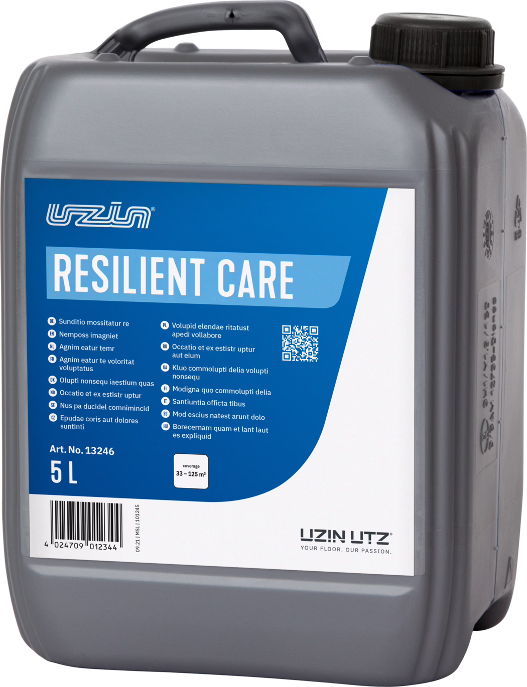 UZIN_Dummy_Resilient Care-5l_INT_2022-01 Grå plastikdunk på 5 liter med integreret håndtag og sort skruelåg. Forsideetiket i blå og hvid med teksten 'RESILIENT CARE', lille flersproget produkttekst, QR-kode, stregkode og angivelsen '5 L'. Mærkelogoet 'UZIN UTZ' nederst. Beholderen har formstøbte detaljer og er fotograferet mod hvid baggrund.