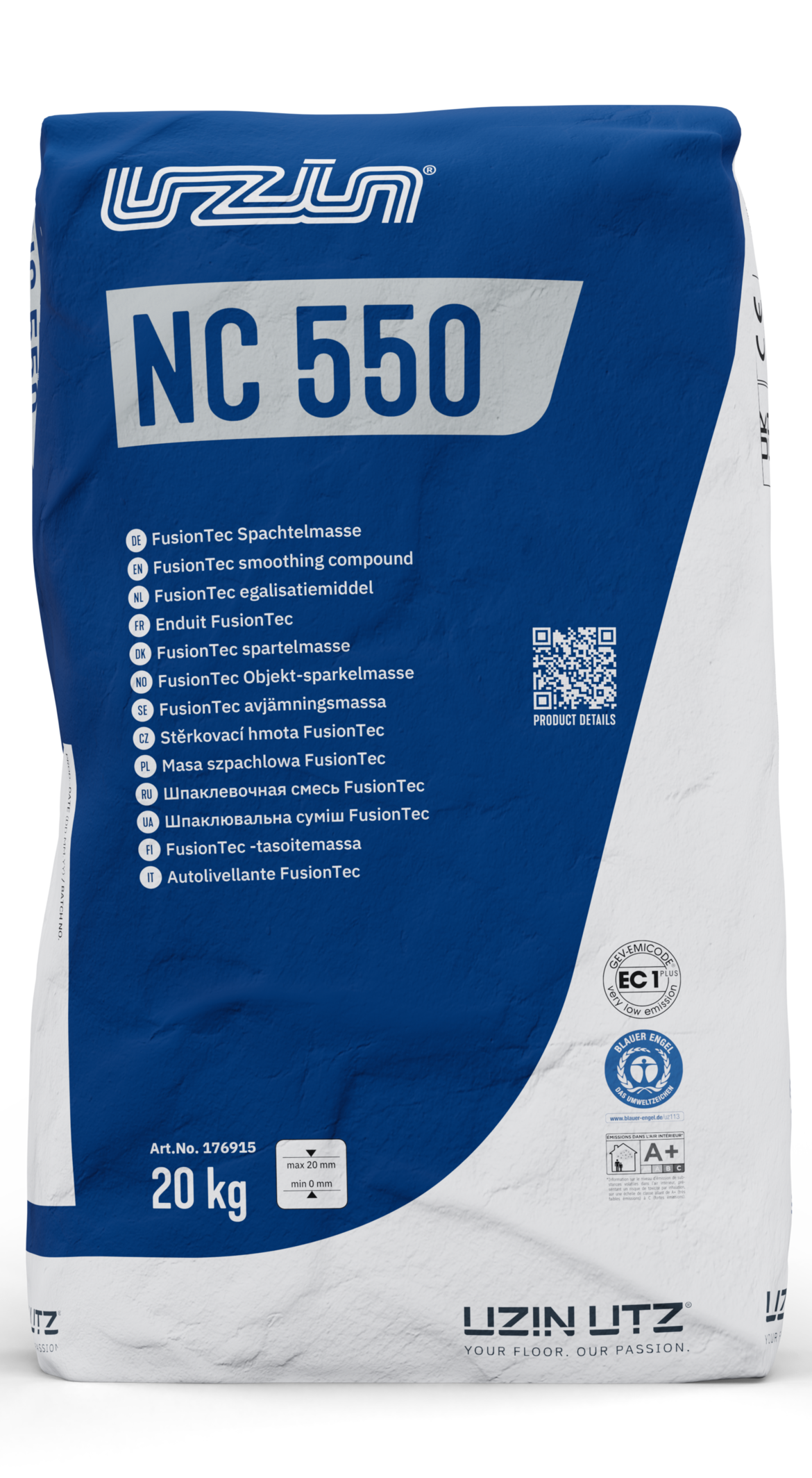 En blå sæk på 20 kg med Uzin NC 550 FusionTec udjævningsmasse med produktoplysninger og miljøcertificeringsmærker.