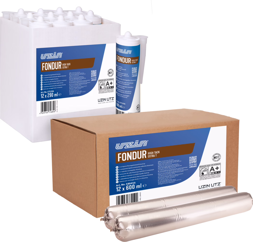 Studio photograph of packaged flooring adhesive products: a white display box filled with multiple white cartridges, one cartridge shown upright with a nozzle, and a brown cardboard box labeled “FONDUR High Tack Extra T 12 x 600 ml”. Two silver foil sausage cartridges lie in front of the cardboard box. Blue and brown product labels show the brand name UZIN, product name FONDUR, information text, a barcode and certification icons. Clean white background and even lighting emphasize the packaging, quantities and branding for a professional bulk product presentation.