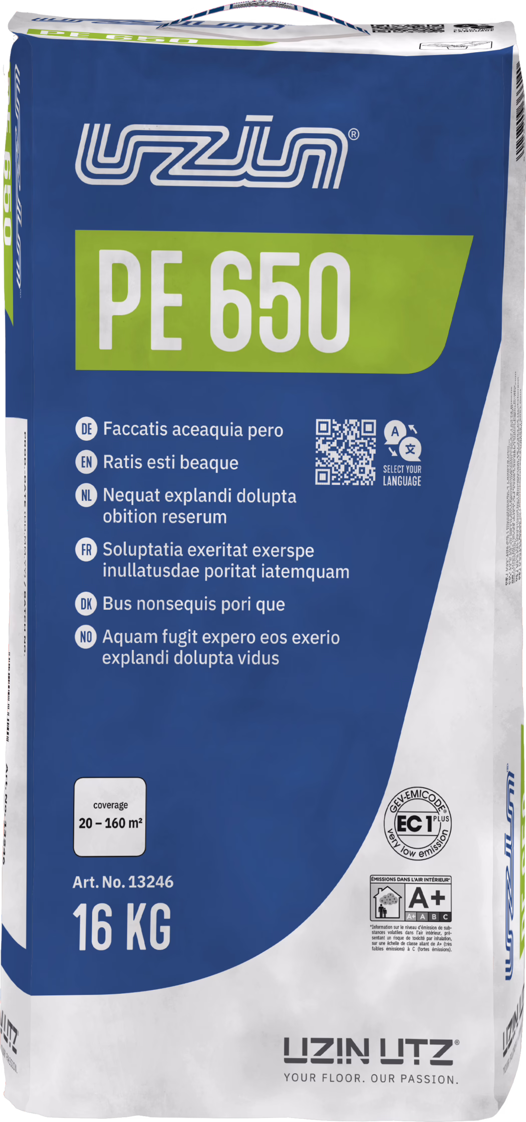 UZIN_Dummy_PE 650-16kg_2022-01 Photograph of a vertically oriented blue and white paper/plastic composite bag of UZIN UTZ floor product labeled "PE 650". The upper two-thirds of the packaging are deep blue with a large green rectangular panel showing the product code PE 650 in bold white letters, and a stylized UZIN logo at the top. The lower portion is white and displays product information including a coverage range of 20–160 m², article number 13246, and the weight marked as 16 KG. Several multilingual bullet points are printed on the blue area, alongside a QR code and icons for language selection. Emission and certification labels (EC1 Plus and an A+ indoor emissions rating) appear on the lower right. The bag has a folded top with a carrying handle and visible creases and shadows that indicate a packaged, ready-to-use construction material.